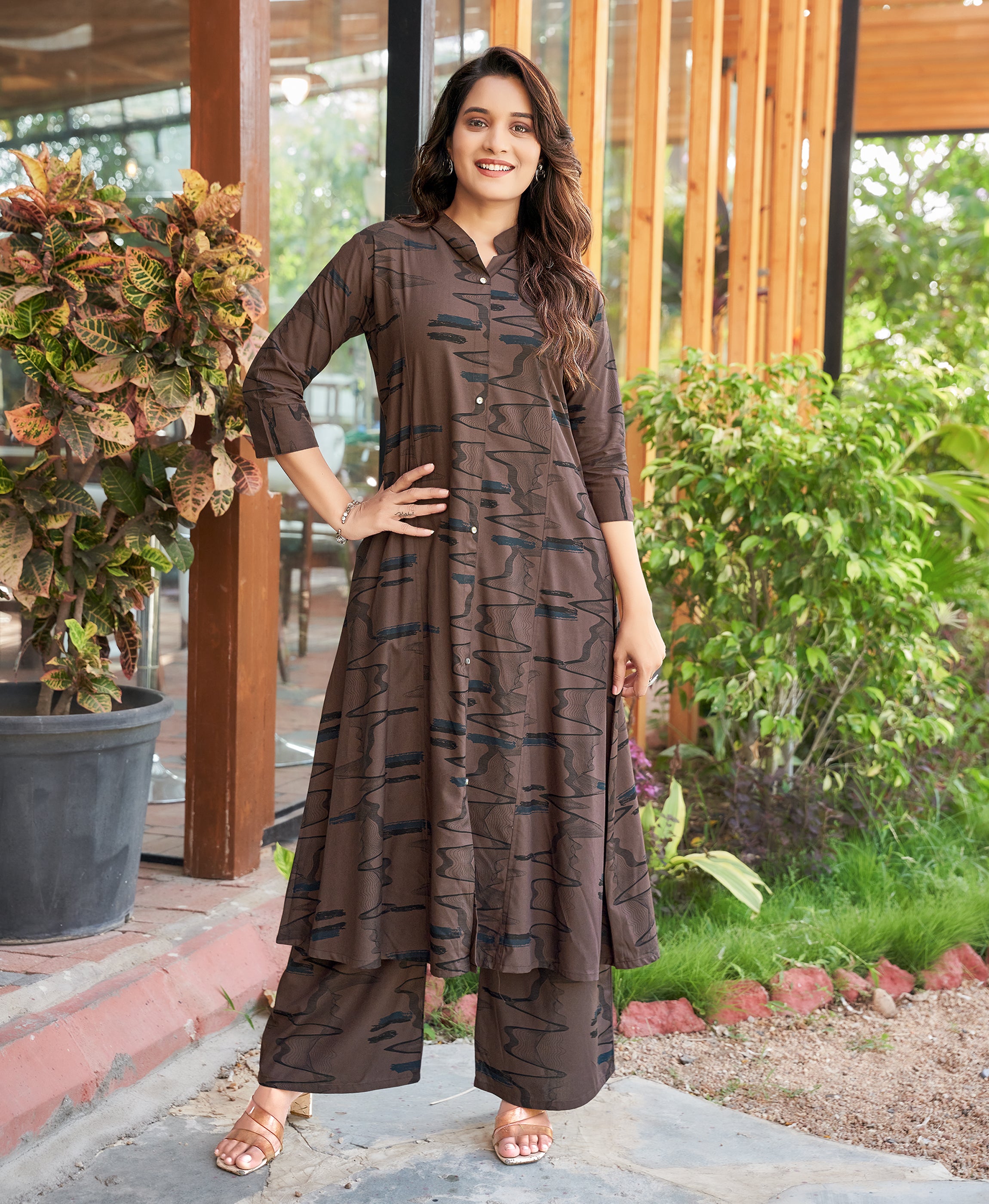 Brown Rayon Blend Abstract Printed Co-ord Set